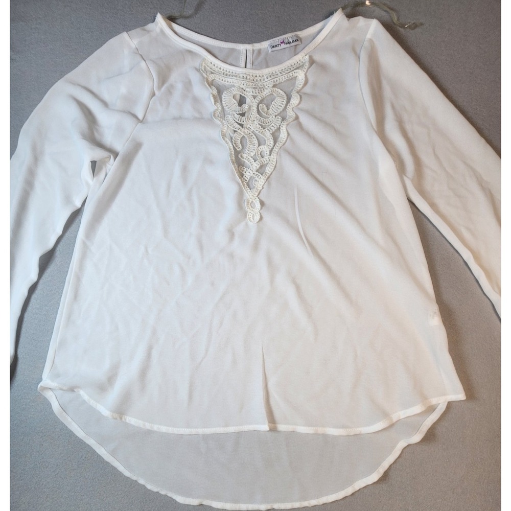 White Chiffon and Lace Accent Long Sleeve Top Danity Hooligan Women's M